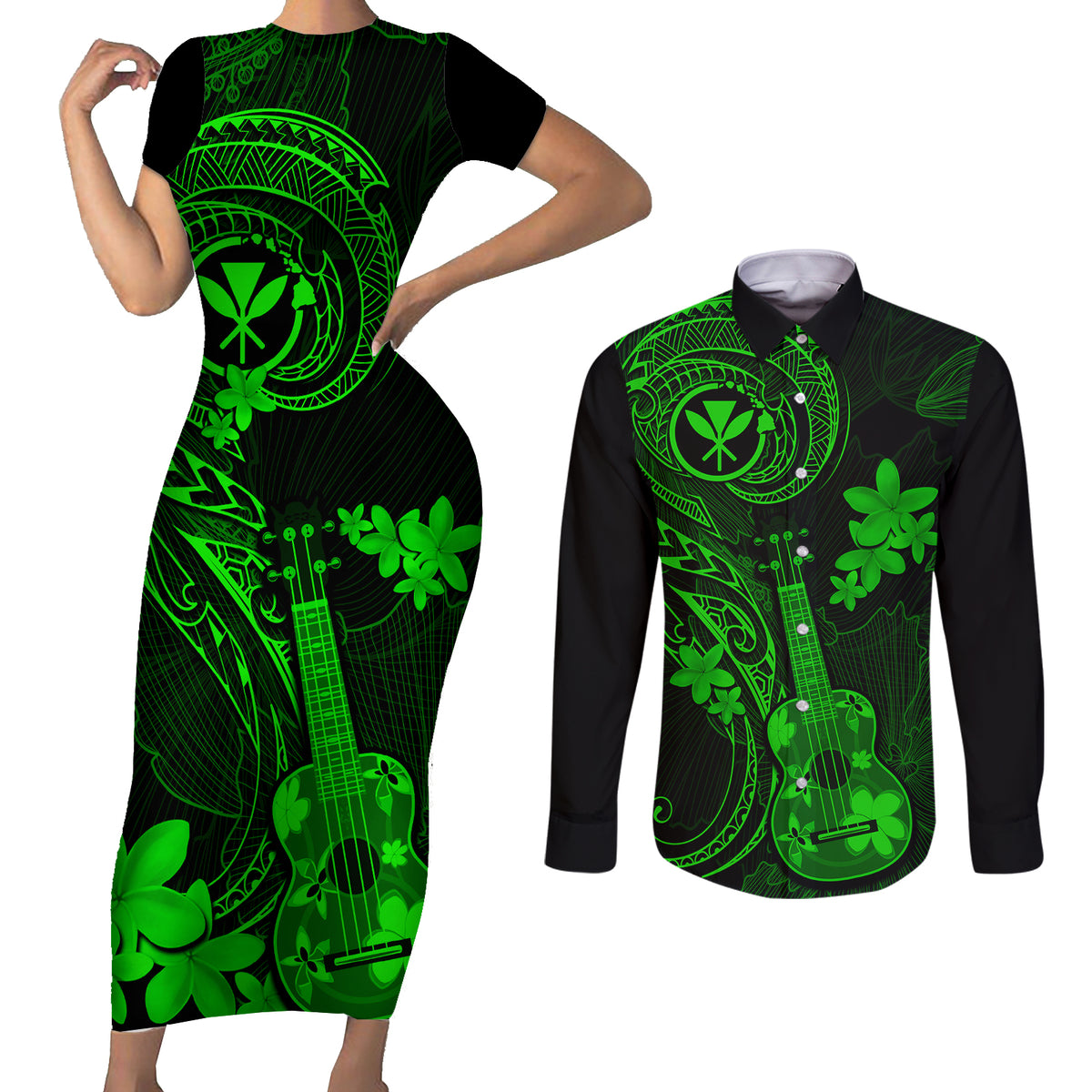 Hawaii Couples Matching Short Sleeve Bodycon Dress and Long Sleeve Button Shirts Ukulele Mix Polynesian Plumeria Green Version - Wonder Print Shop
