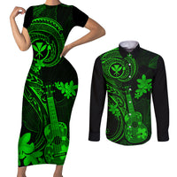 Hawaii Couples Matching Short Sleeve Bodycon Dress and Long Sleeve Button Shirts Ukulele Mix Polynesian Plumeria Green Version - Wonder Print Shop