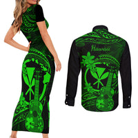 Hawaii Couples Matching Short Sleeve Bodycon Dress and Long Sleeve Button Shirts Ukulele Mix Polynesian Plumeria Green Version - Wonder Print Shop