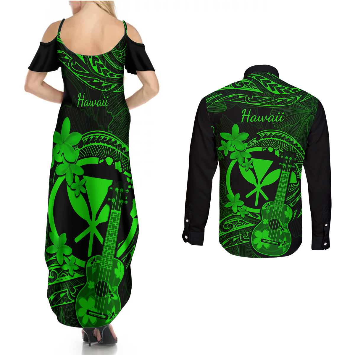 Hawaii Couples Matching Summer Maxi Dress and Long Sleeve Button Shirts Ukulele Mix Polynesian Plumeria Green Version - Wonder Print Shop