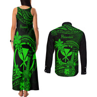 Hawaii Couples Matching Tank Maxi Dress and Long Sleeve Button Shirts Ukulele Mix Polynesian Plumeria Green Version - Wonder Print Shop