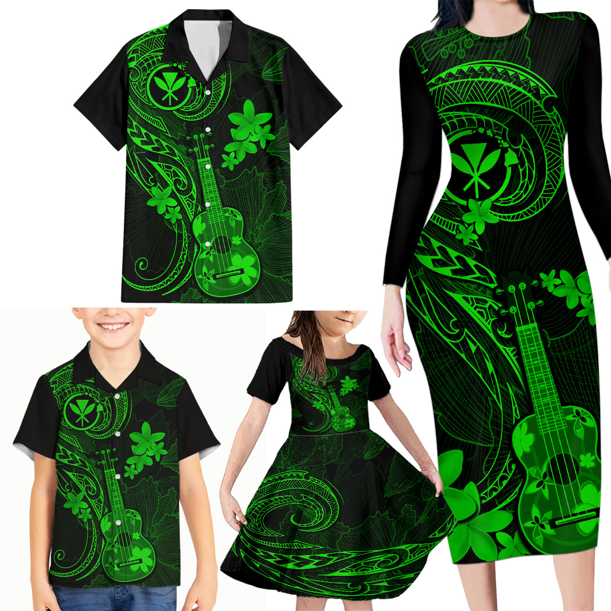 Hawaii Family Matching Long Sleeve Bodycon Dress and Hawaiian Shirt Ukulele Mix Polynesian Plumeria Green Version - Wonder Print Shop