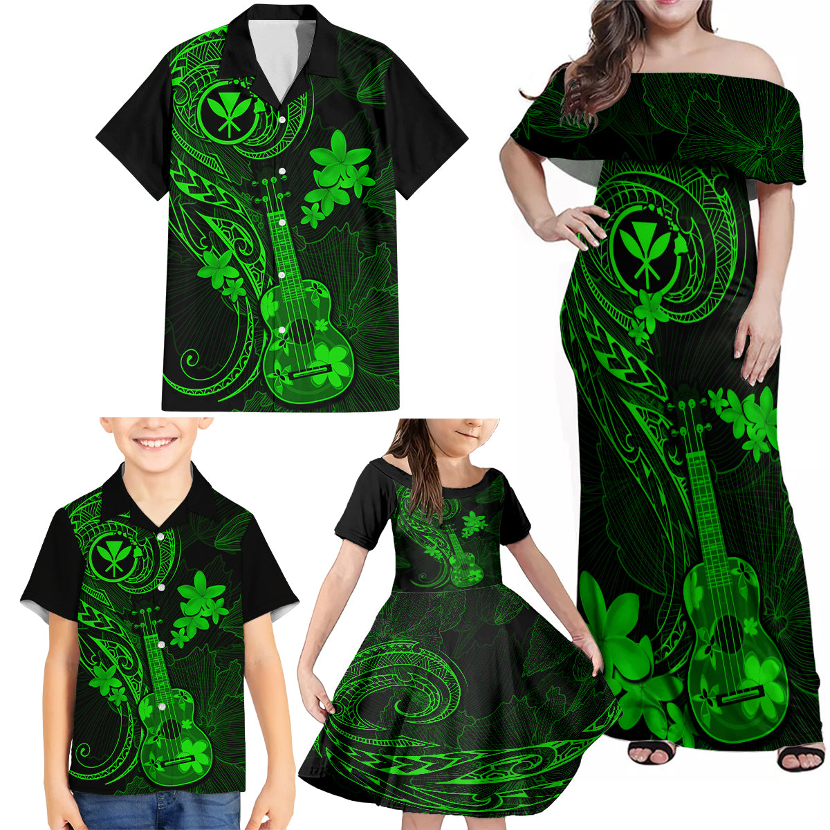 Hawaii Family Matching Off Shoulder Maxi Dress and Hawaiian Shirt Ukulele Mix Polynesian Plumeria Green Version - Wonder Print Shop