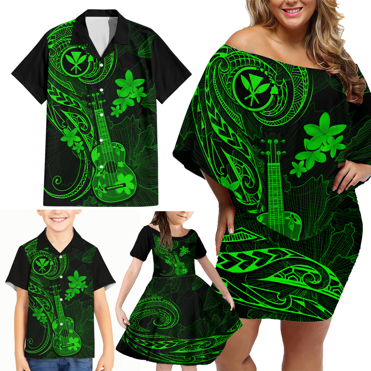 Hawaii Family Matching Off Shoulder Short Dress and Hawaiian Shirt Ukulele Mix Polynesian Plumeria Green Version - Wonder Print Shop