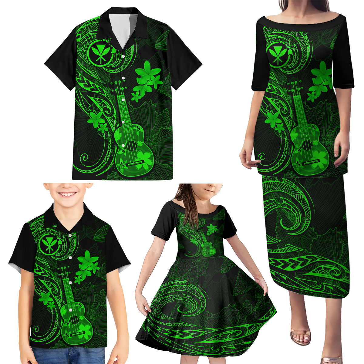 Hawaii Family Matching Puletasi Dress and Hawaiian Shirt Ukulele Mix Polynesian Plumeria Green Version - Wonder Print Shop