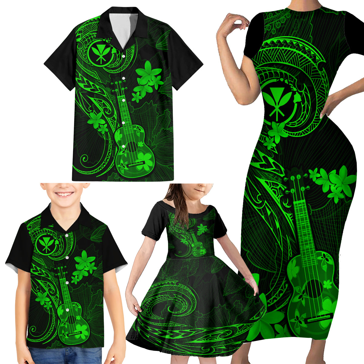 Hawaii Family Matching Short Sleeve Bodycon Dress and Hawaiian Shirt Ukulele Mix Polynesian Plumeria Green Version - Wonder Print Shop
