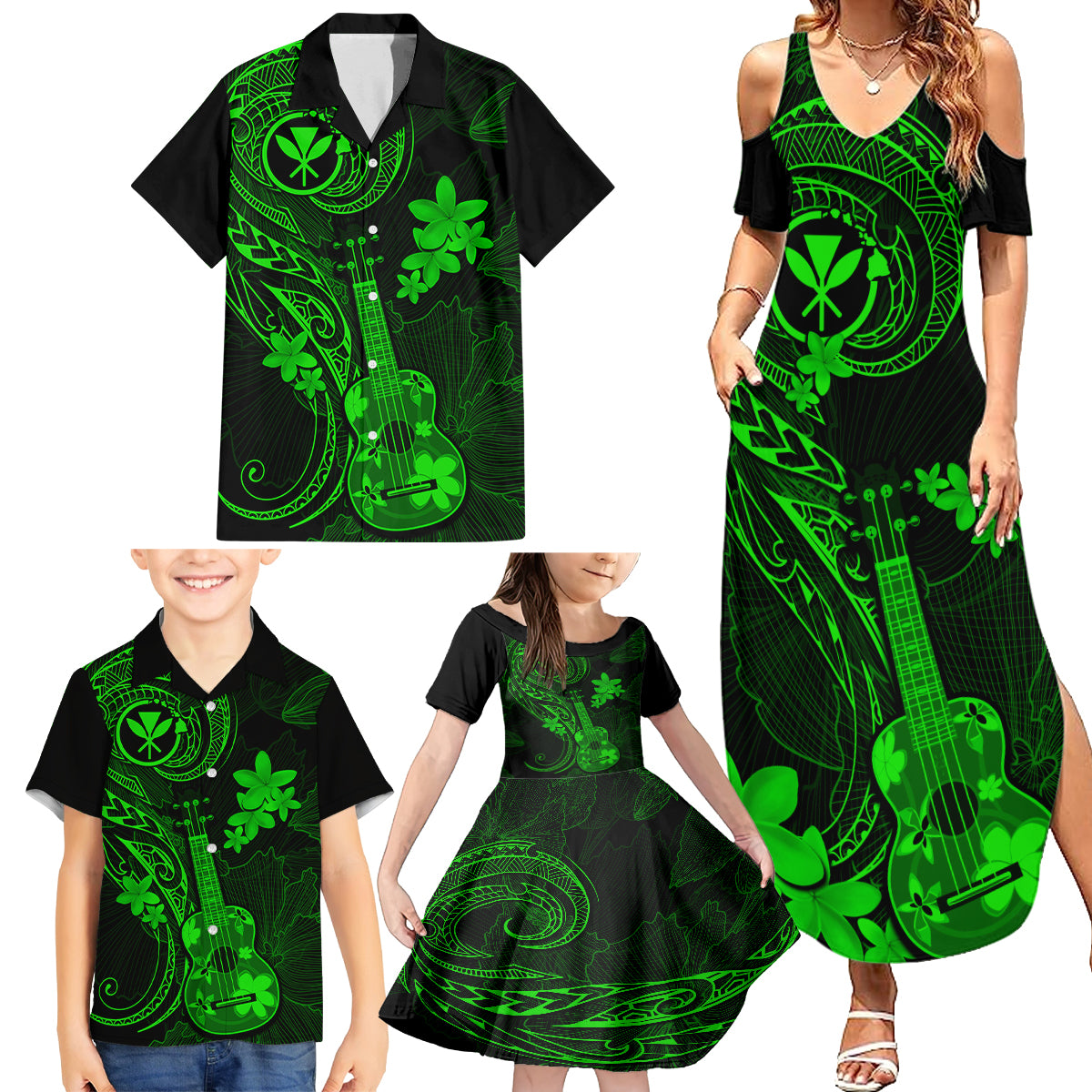 Hawaii Family Matching Summer Maxi Dress and Hawaiian Shirt Ukulele Mix Polynesian Plumeria Green Version - Wonder Print Shop