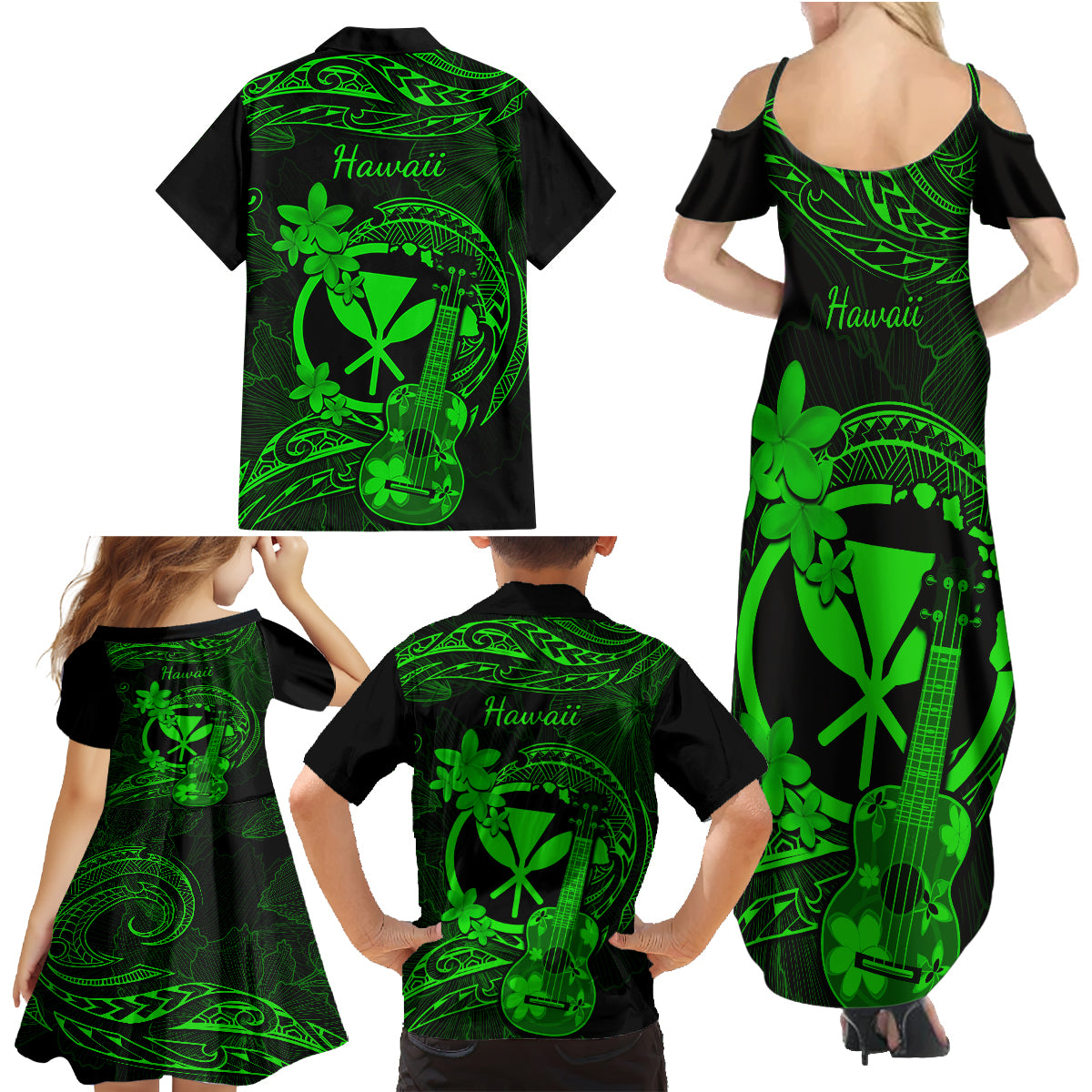 Hawaii Family Matching Summer Maxi Dress and Hawaiian Shirt Ukulele Mix Polynesian Plumeria Green Version - Wonder Print Shop