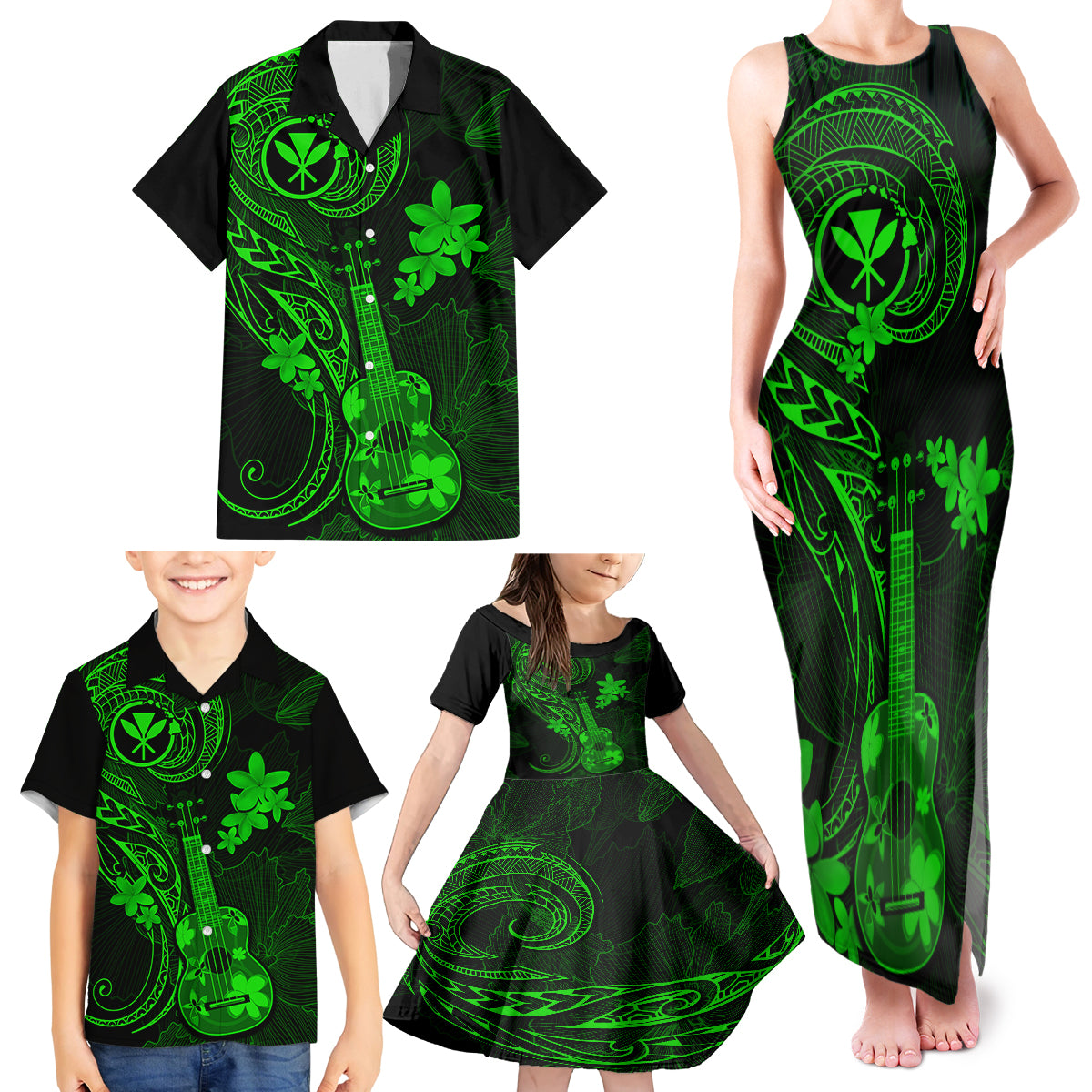 Hawaii Family Matching Tank Maxi Dress and Hawaiian Shirt Ukulele Mix Polynesian Plumeria Green Version - Wonder Print Shop