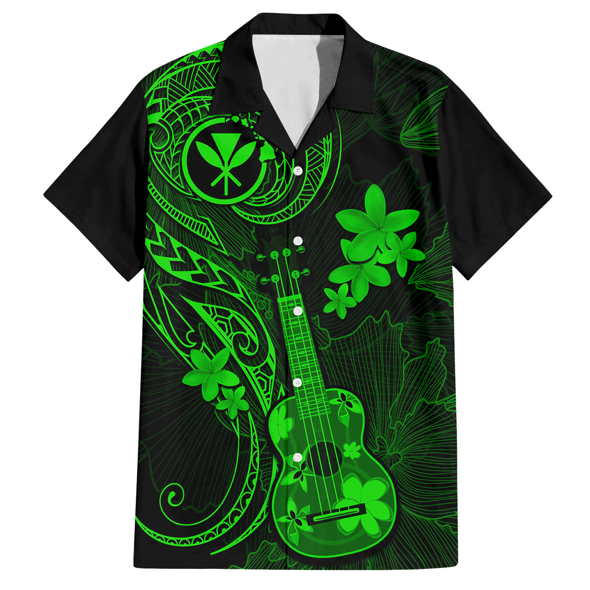 Hawaii Kid Hawaiian Shirt Ukulele Mix Polynesian Plumeria Green Version - Wonder Print Shop