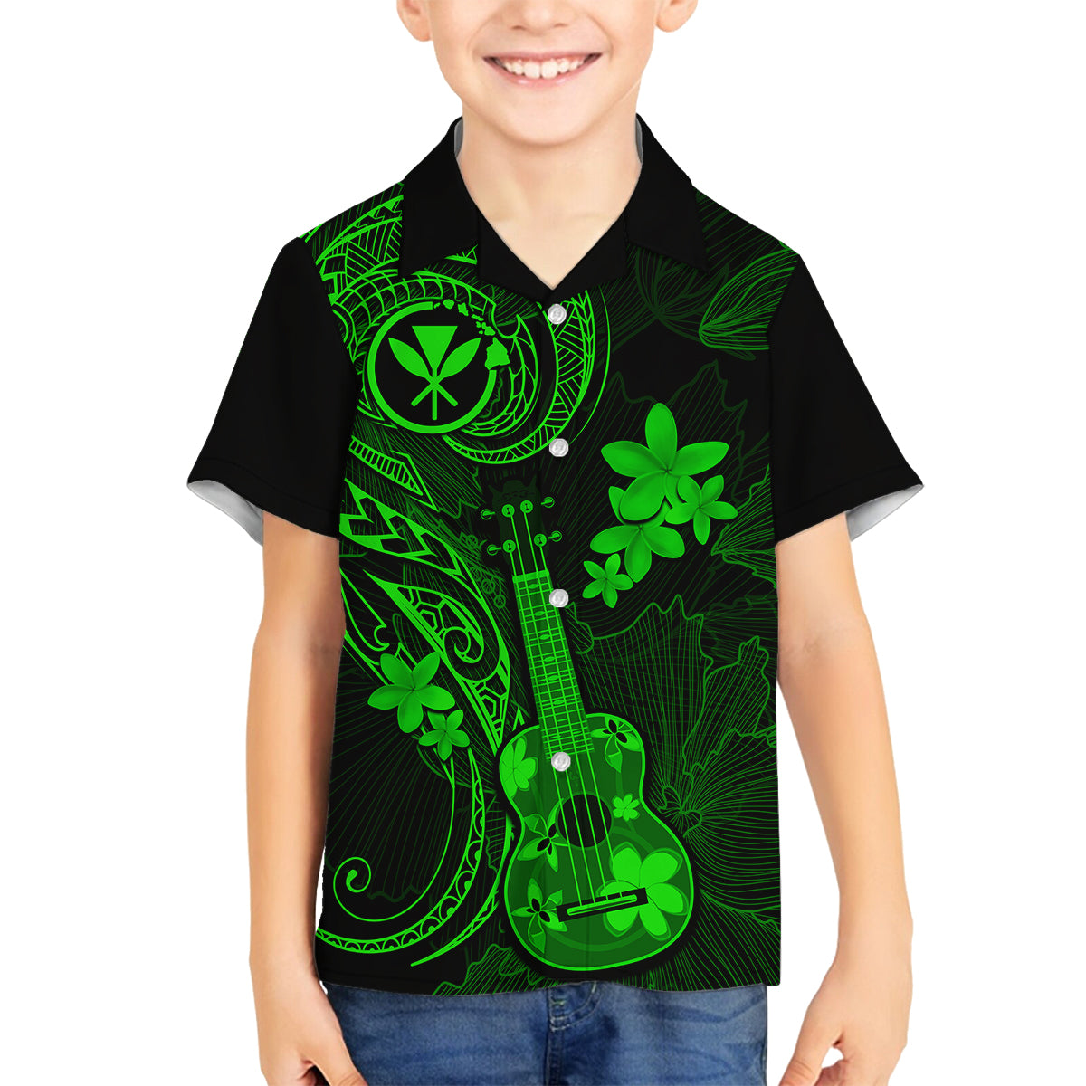 Hawaii Kid Hawaiian Shirt Ukulele Mix Polynesian Plumeria Green Version - Wonder Print Shop