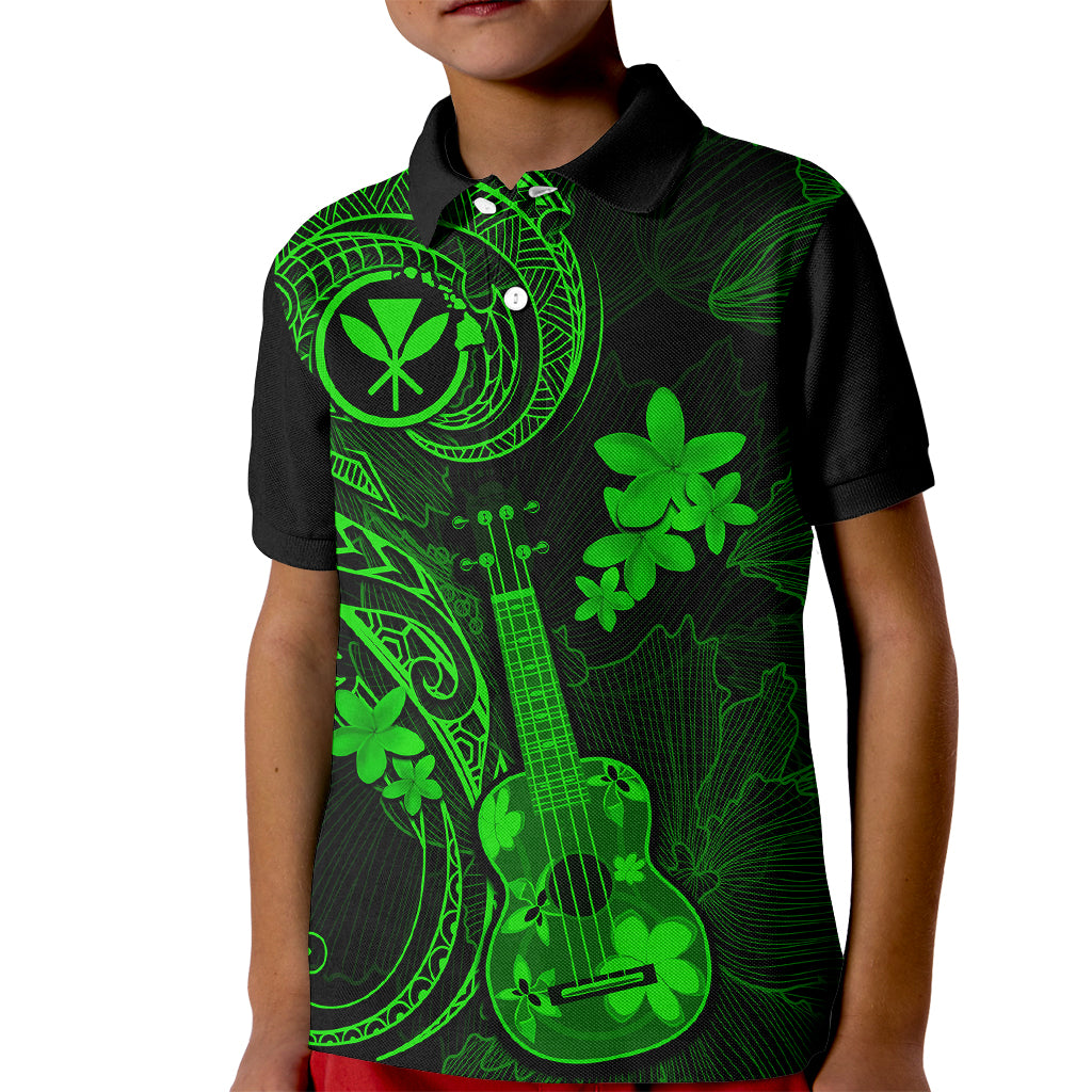 Hawaii Kid Polo Shirt Ukulele Mix Polynesian Plumeria Green Version - Wonder Print Shop