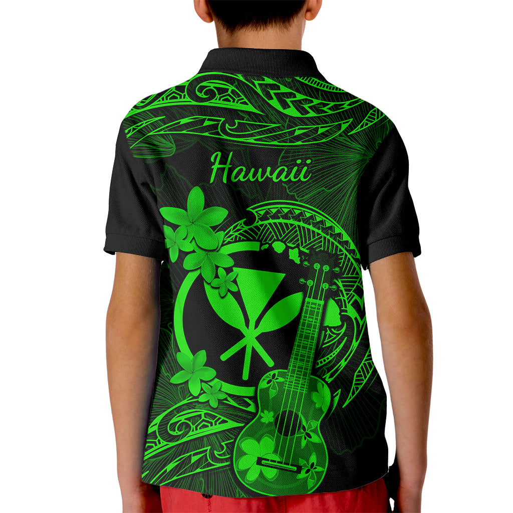 Hawaii Kid Polo Shirt Ukulele Mix Polynesian Plumeria Green Version - Wonder Print Shop