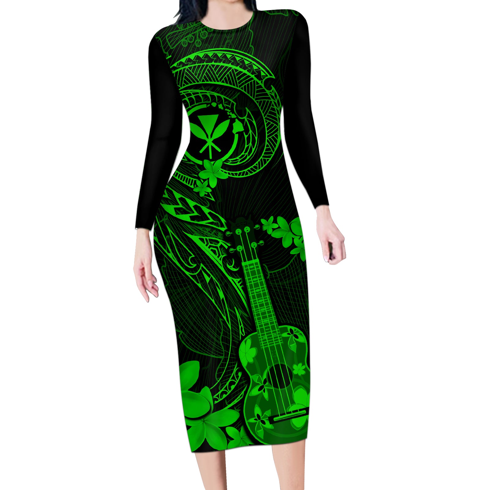 Hawaii Long Sleeve Bodycon Dress Ukulele Mix Polynesian Plumeria Green Version - Wonder Print Shop