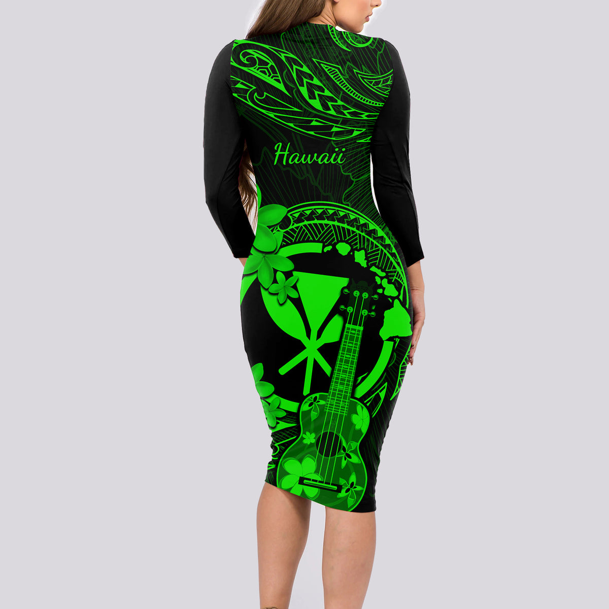 Hawaii Long Sleeve Bodycon Dress Ukulele Mix Polynesian Plumeria Green Version - Wonder Print Shop