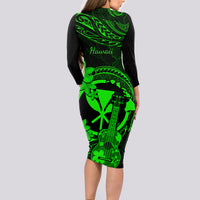 Hawaii Long Sleeve Bodycon Dress Ukulele Mix Polynesian Plumeria Green Version - Wonder Print Shop