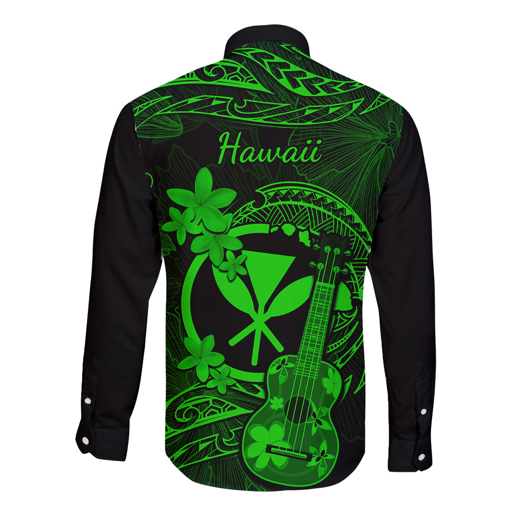 Hawaii Long Sleeve Button Shirt Ukulele Mix Polynesian Plumeria Green Version - Wonder Print Shop