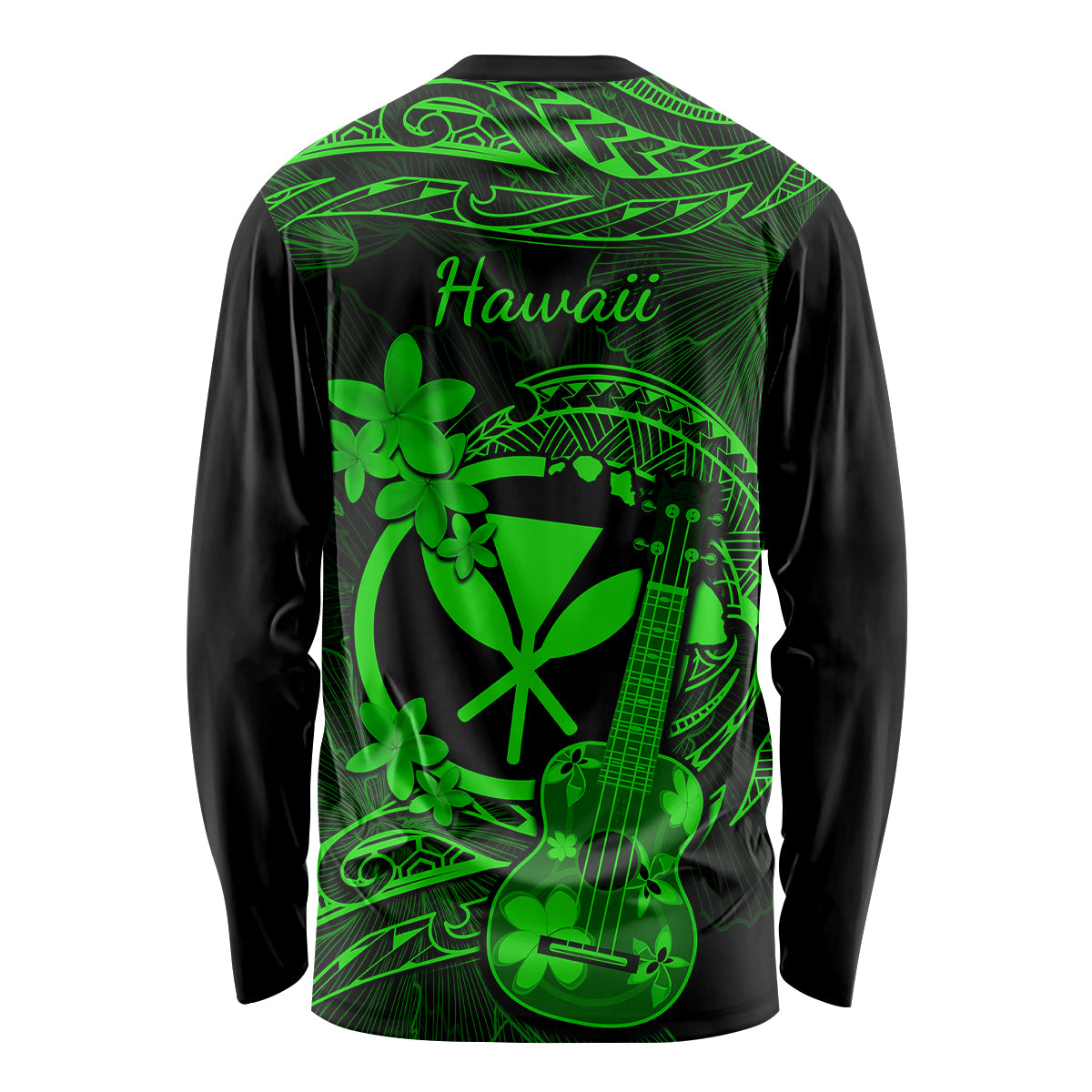 Hawaii Long Sleeve Shirt Ukulele Mix Polynesian Plumeria Green Version - Wonder Print Shop