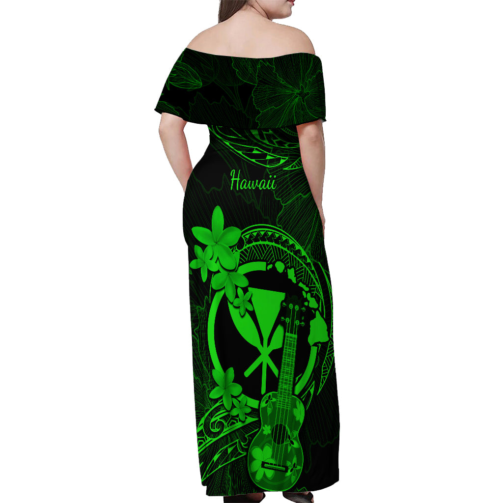 Hawaii Off Shoulder Maxi Dress Ukulele Mix Polynesian Plumeria Green Version - Wonder Print Shop