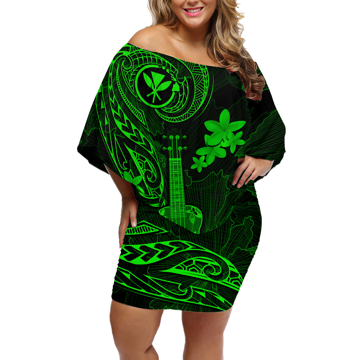 Hawaii Off Shoulder Short Dress Ukulele Mix Polynesian Plumeria Green Version - Wonder Print Shop
