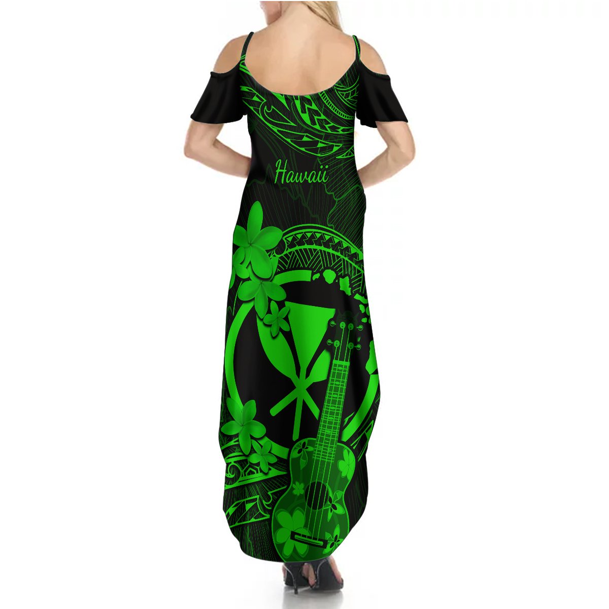 Hawaii Summer Maxi Dress Ukulele Mix Polynesian Plumeria Green Version - Wonder Print Shop
