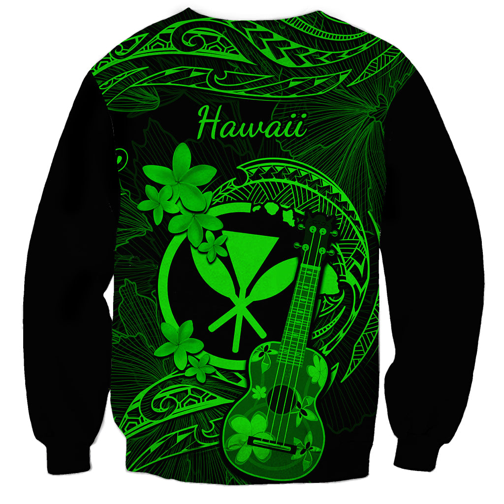 Hawaii Sweatshirt Ukulele Mix Polynesian Plumeria Green Version - Wonder Print Shop