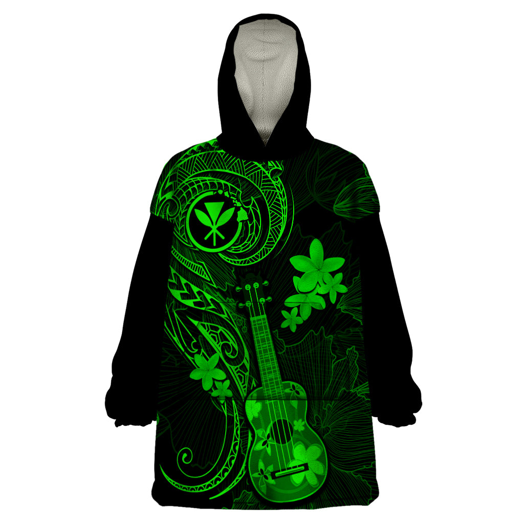 Hawaii Wearable Blanket Hoodie Ukulele Mix Polynesian Plumeria Green Version - Wonder Print Shop