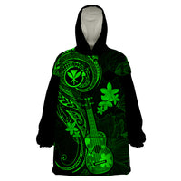Hawaii Wearable Blanket Hoodie Ukulele Mix Polynesian Plumeria Green Version - Wonder Print Shop