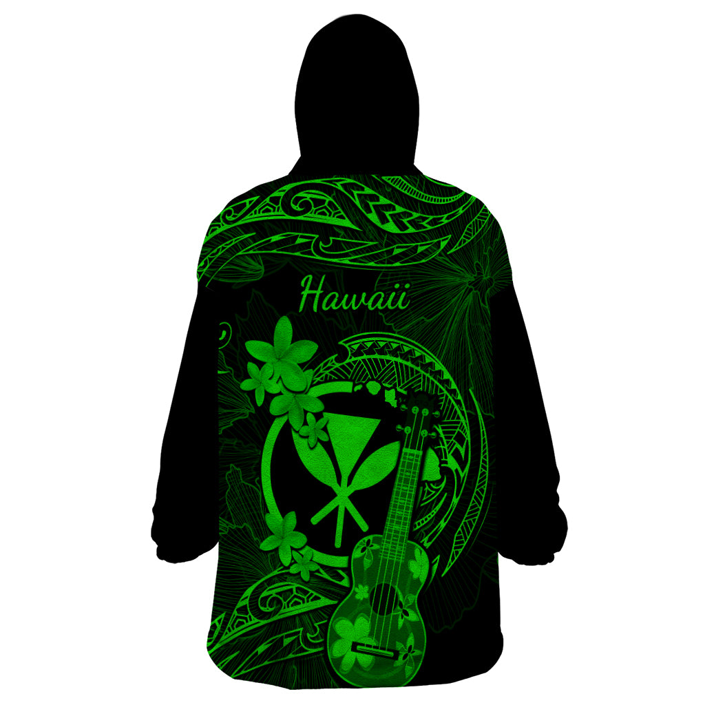 Hawaii Wearable Blanket Hoodie Ukulele Mix Polynesian Plumeria Green Version - Wonder Print Shop