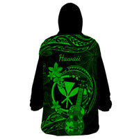Hawaii Wearable Blanket Hoodie Ukulele Mix Polynesian Plumeria Green Version - Wonder Print Shop