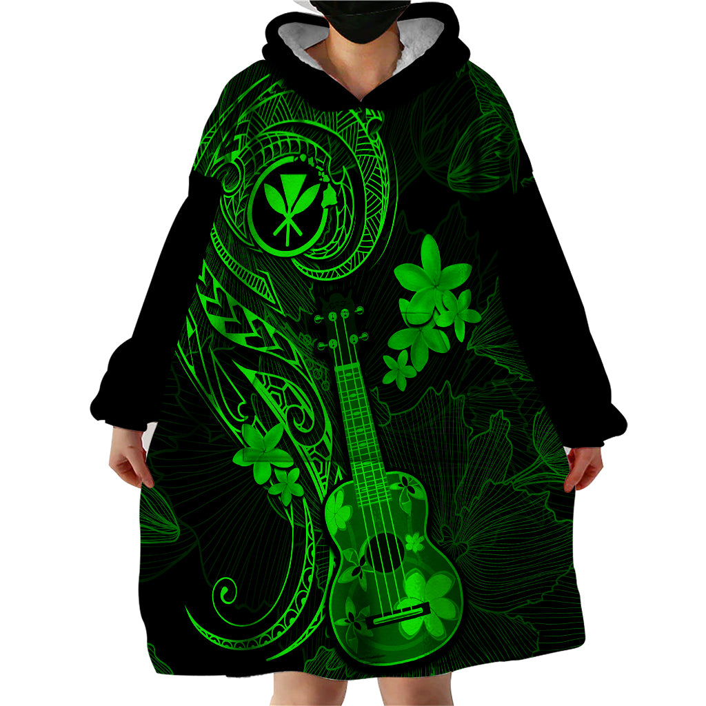 Hawaii Wearable Blanket Hoodie Ukulele Mix Polynesian Plumeria Green Version - Wonder Print Shop