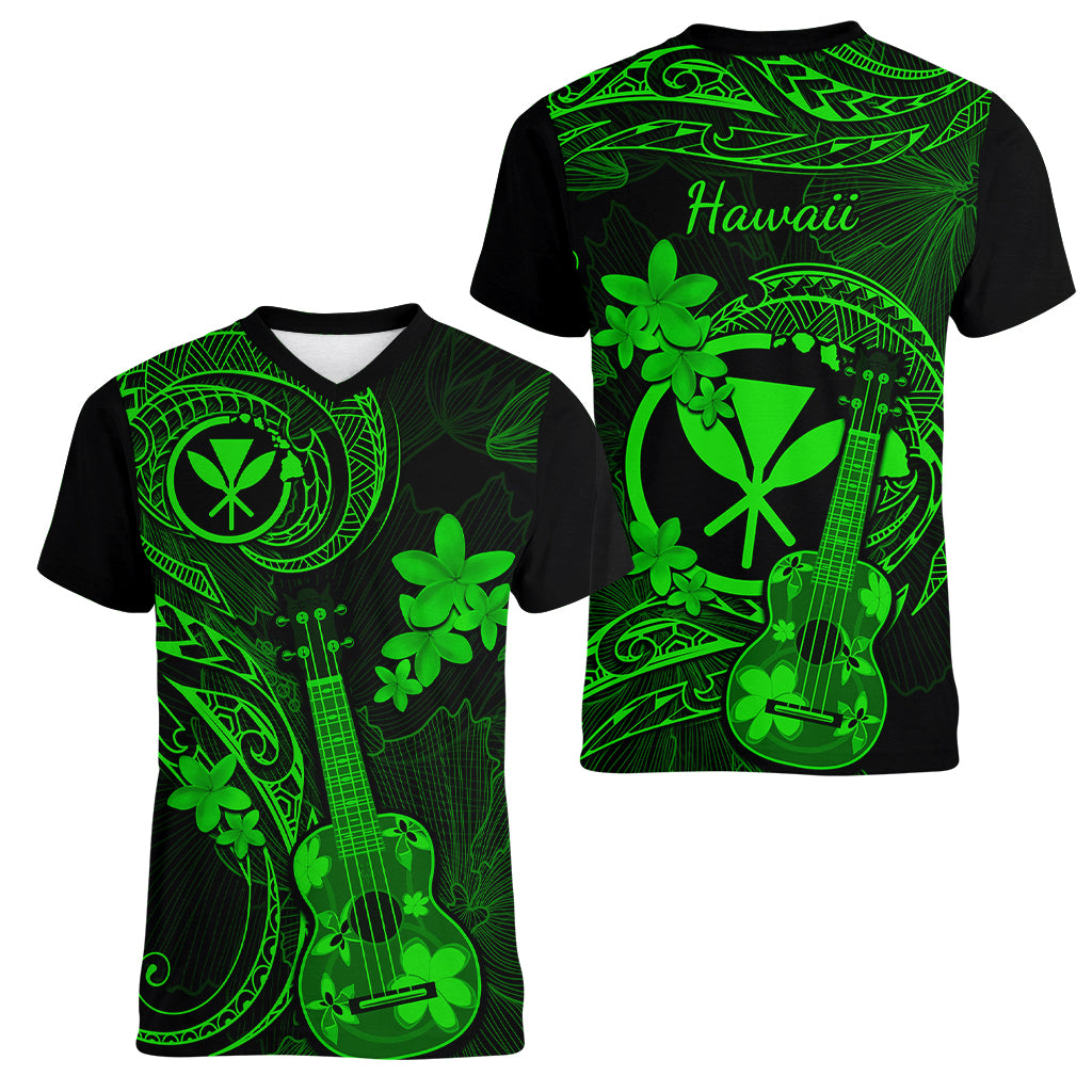 Hawaii Women V Neck T Shirt Ukulele Mix Polynesian Plumeria Green Version - Wonder Print Shop