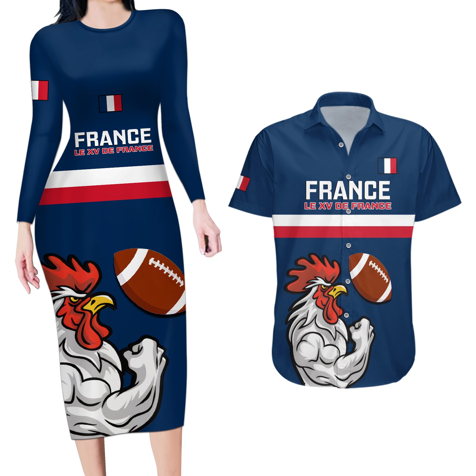 france-rugby-couples-matching-long-sleeve-bodycon-dress-and-hawaiian-shirt-world-cup-allez-les-bleus-2023-mascot