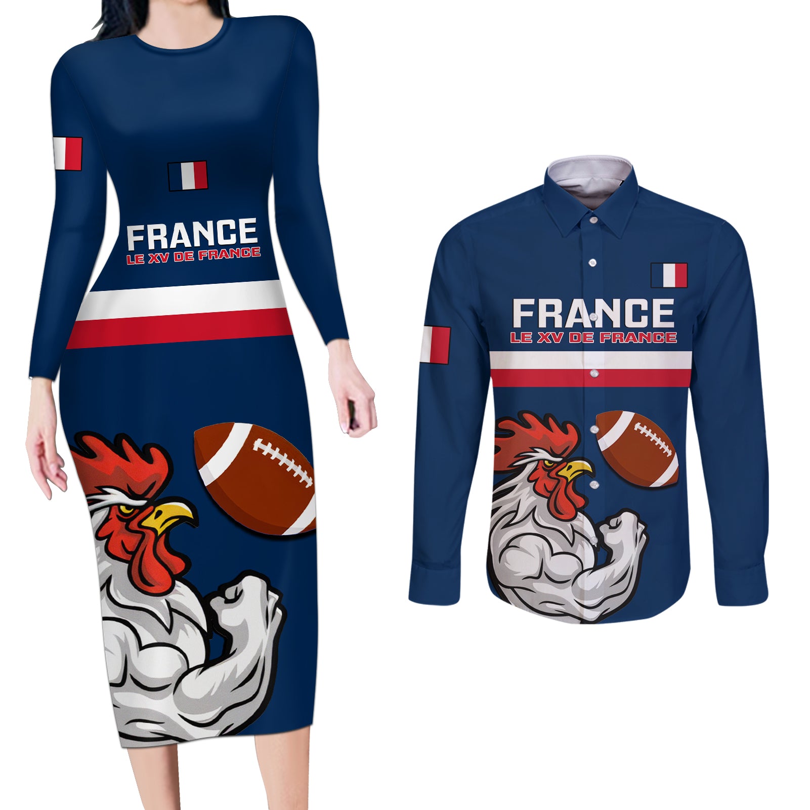 france-rugby-couples-matching-long-sleeve-bodycon-dress-and-long-sleeve-button-shirts-world-cup-allez-les-bleus-2023-mascot