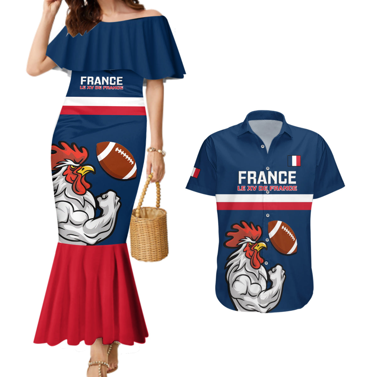 france-rugby-couples-matching-mermaid-dress-and-hawaiian-shirt-world-cup-allez-les-bleus-2023-mascot