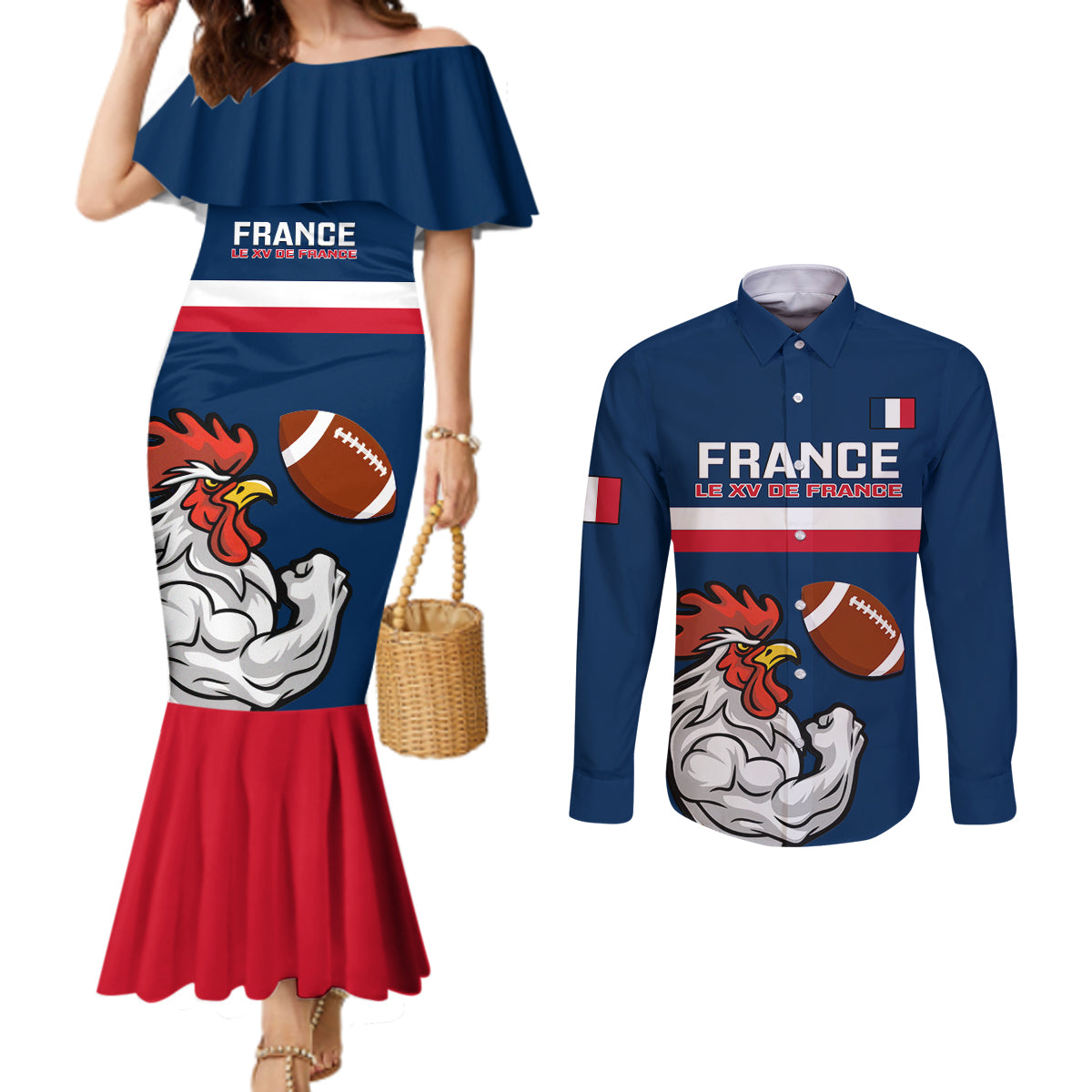 france-rugby-couples-matching-mermaid-dress-and-long-sleeve-button-shirts-world-cup-allez-les-bleus-2023-mascot