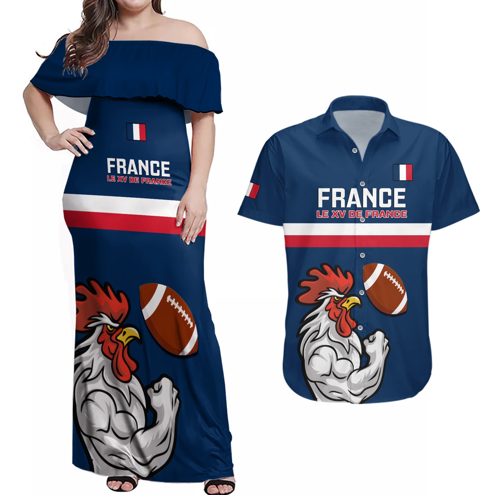 france-rugby-couples-matching-off-shoulder-maxi-dress-and-hawaiian-shirt-world-cup-allez-les-bleus-2023-mascot