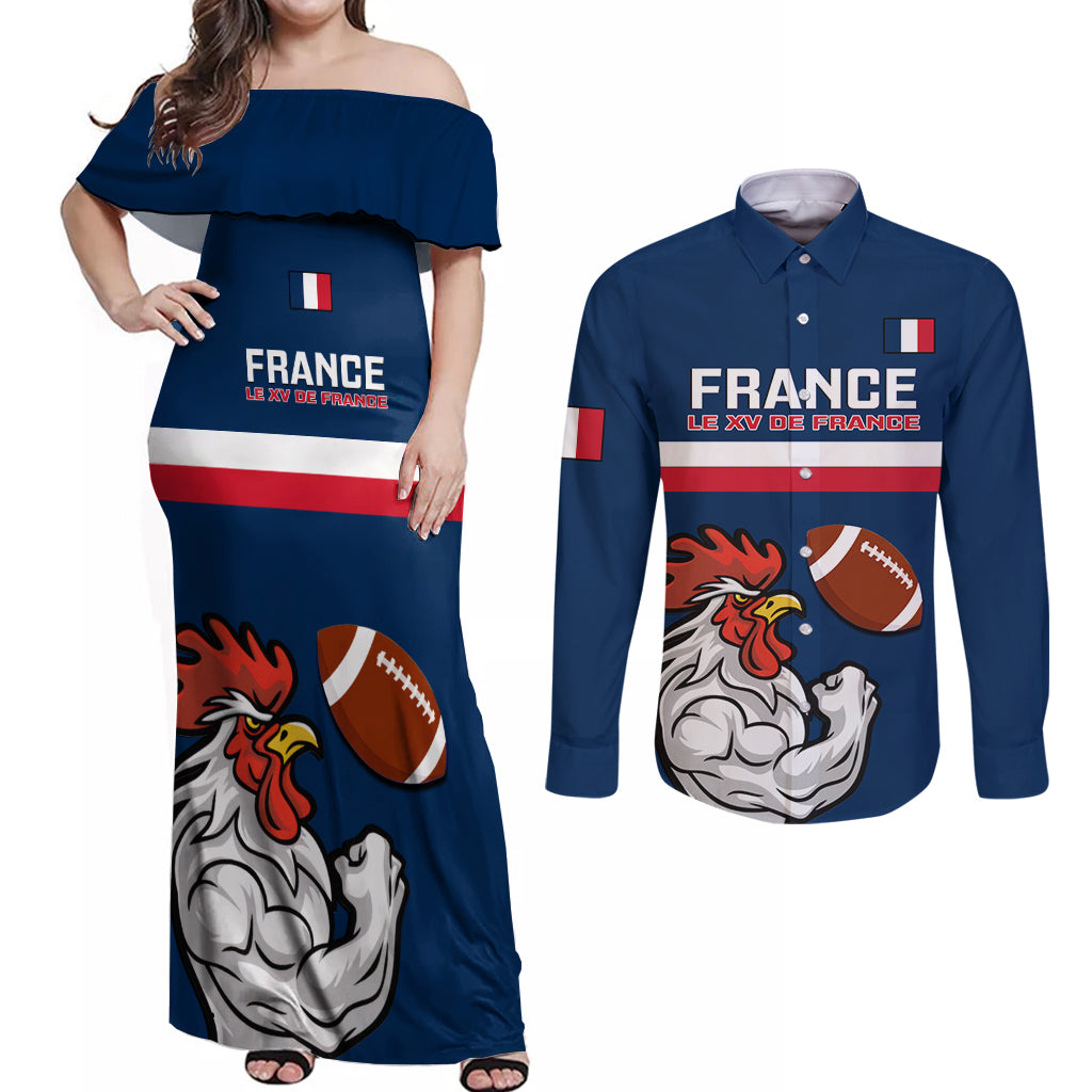 france-rugby-couples-matching-off-shoulder-maxi-dress-and-long-sleeve-button-shirts-world-cup-allez-les-bleus-2023-mascot