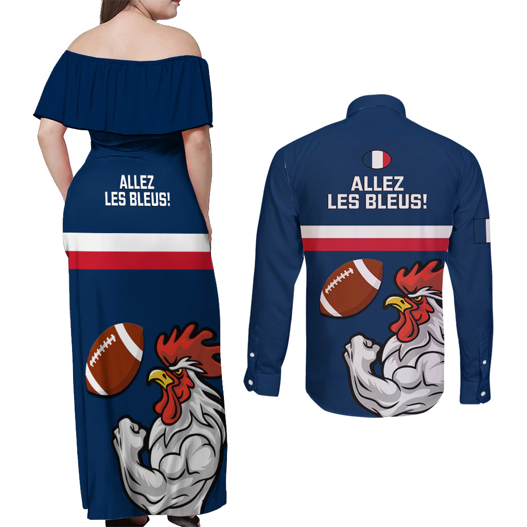 France Rugby Couples Matching Off Shoulder Maxi Dress and Long Sleeve Button Shirts World Cup Allez Les Bleus 2023 Mascot - Wonder Print Shop
