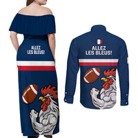 France Rugby Couples Matching Off Shoulder Maxi Dress and Long Sleeve Button Shirts World Cup Allez Les Bleus 2023 Mascot - Wonder Print Shop