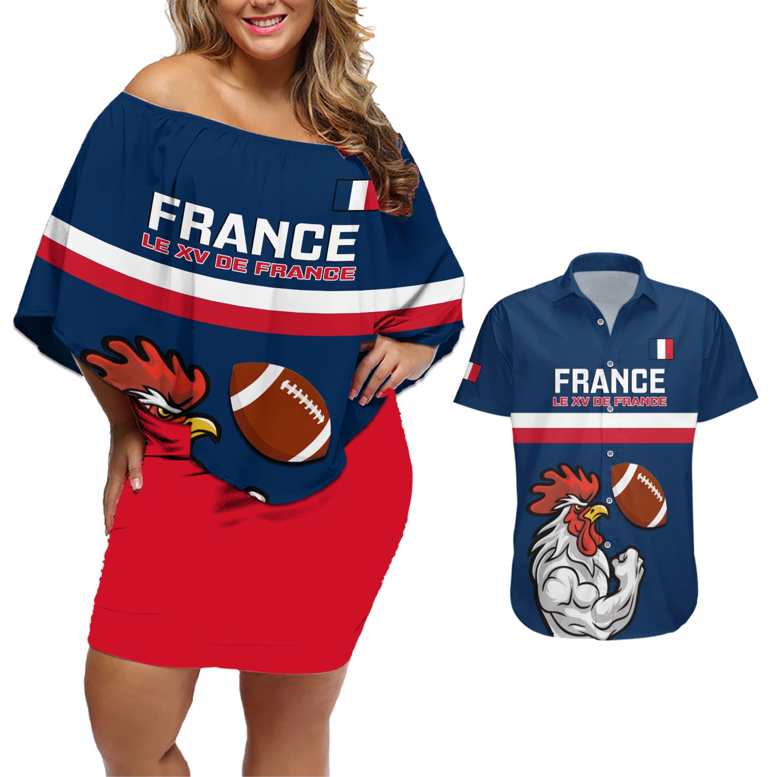 france-rugby-couples-matching-off-shoulder-short-dress-and-hawaiian-shirt-world-cup-allez-les-bleus-2023-mascot