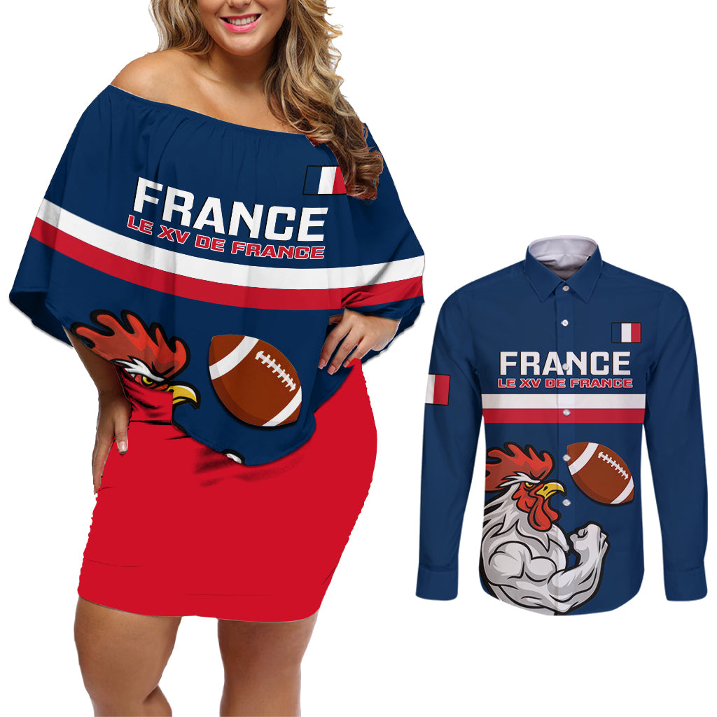 france-rugby-couples-matching-off-shoulder-short-dress-and-long-sleeve-button-shirts-world-cup-allez-les-bleus-2023-mascot