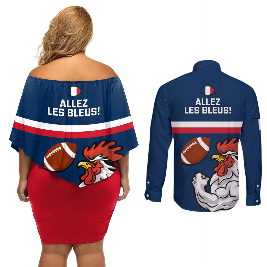 France Rugby Couples Matching Off Shoulder Short Dress and Long Sleeve Button Shirts World Cup Allez Les Bleus 2023 Mascot - Wonder Print Shop