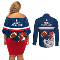 France Rugby Couples Matching Off Shoulder Short Dress and Long Sleeve Button Shirts World Cup Allez Les Bleus 2023 Mascot - Wonder Print Shop