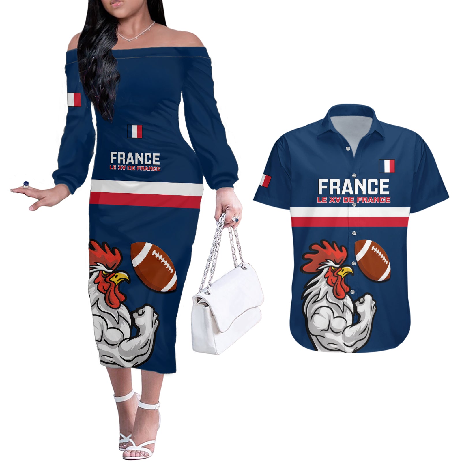 france-rugby-couples-matching-off-the-shoulder-long-sleeve-dress-and-hawaiian-shirt-world-cup-allez-les-bleus-2023-mascot