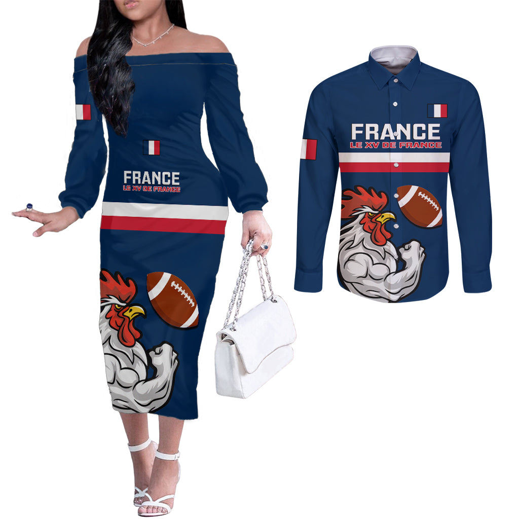 france-rugby-couples-matching-off-the-shoulder-long-sleeve-dress-and-long-sleeve-button-shirts-world-cup-allez-les-bleus-2023-mascot