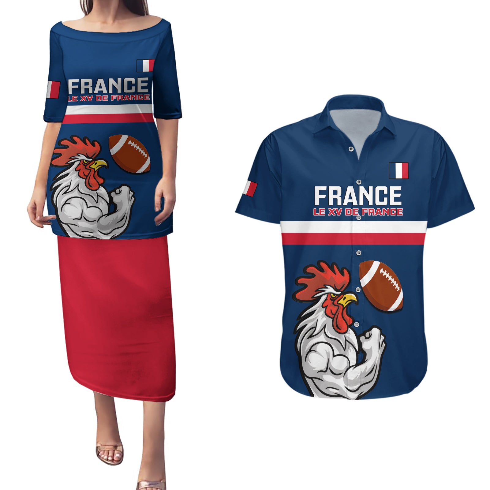 france-rugby-couples-matching-puletasi-dress-and-hawaiian-shirt-world-cup-allez-les-bleus-2023-mascot