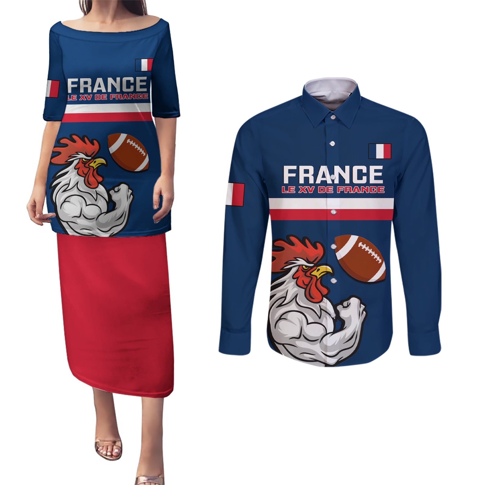 france-rugby-couples-matching-puletasi-dress-and-long-sleeve-button-shirts-world-cup-allez-les-bleus-2023-mascot
