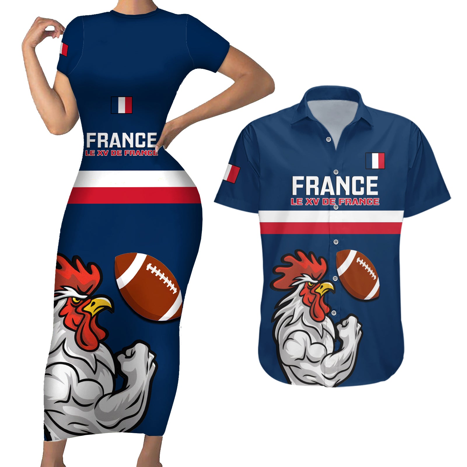 france-rugby-couples-matching-short-sleeve-bodycon-dress-and-hawaiian-shirt-world-cup-allez-les-bleus-2023-mascot