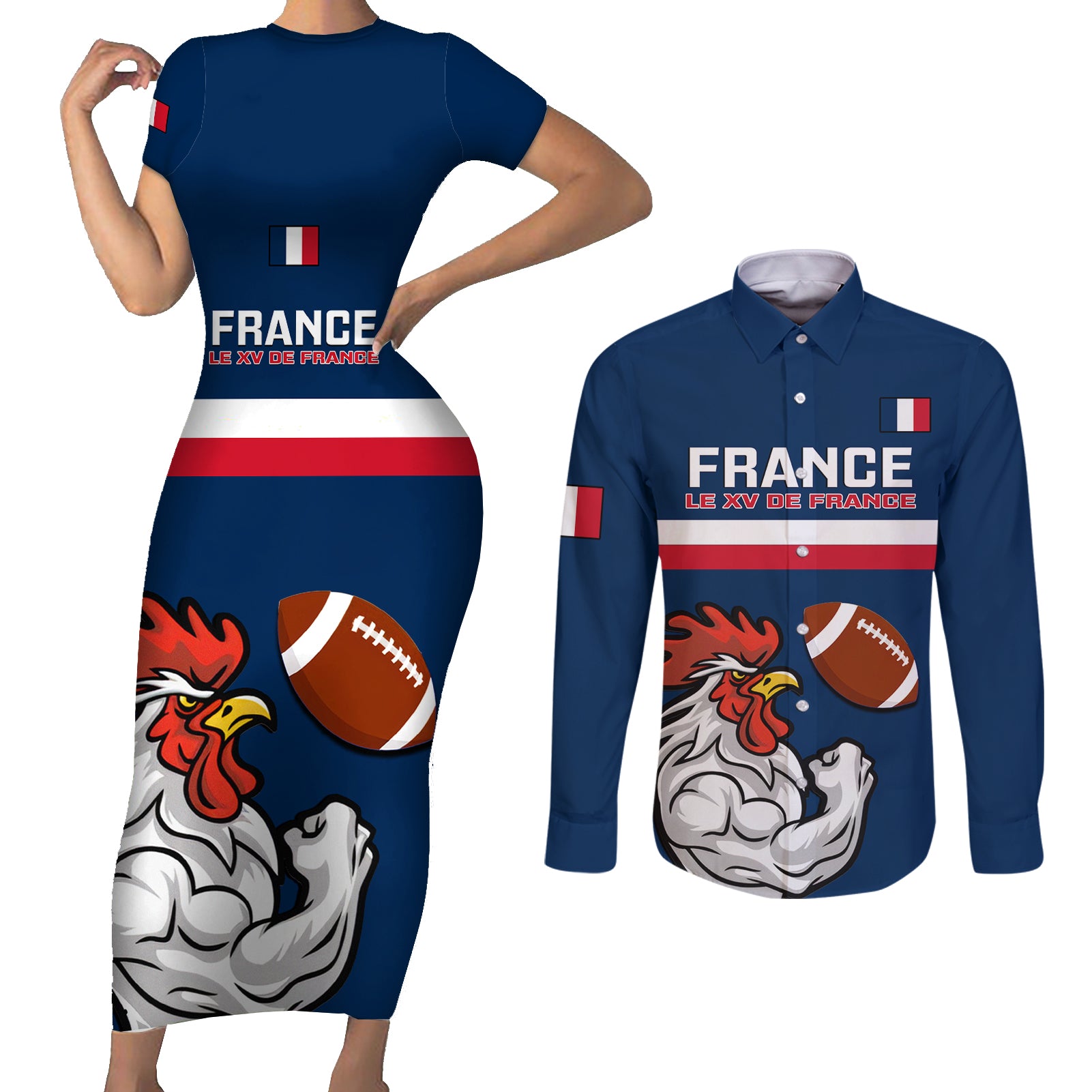 france-rugby-couples-matching-short-sleeve-bodycon-dress-and-long-sleeve-button-shirts-world-cup-allez-les-bleus-2023-mascot